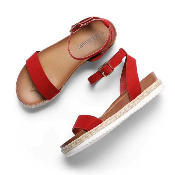 Open Toe Ankle-Strap Espadrille Platform Sandals - RED SUEDE - 2